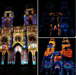 Photograph of the beautiful illuminations on the Cathedral Sainte Croix at night
